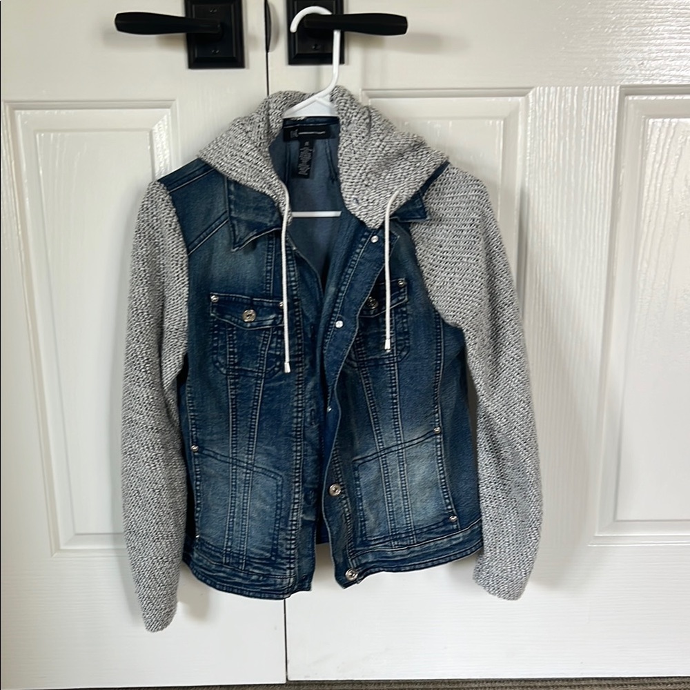 Denim Jacket with Knit Sleeves